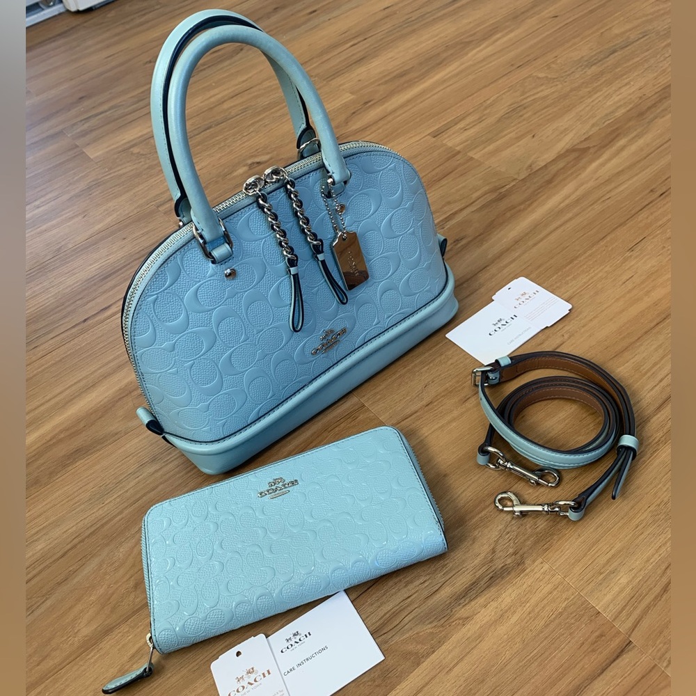 Coach Sierra Satchel in Signature Patent Purse and Wallet set! Light blue